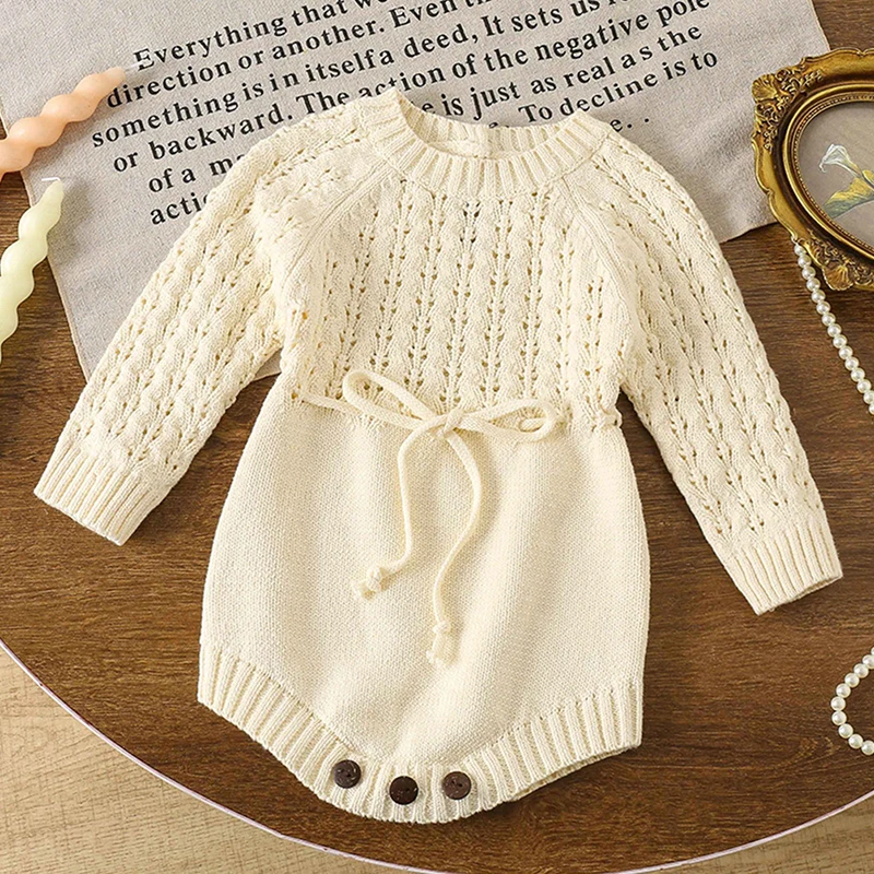 

2025 New Autumn Newborn Baby Girls Knitted Bodysuits Long Sleeved Solid Color Hollow Out Infant Baby Girls Knitted Jumpsuit