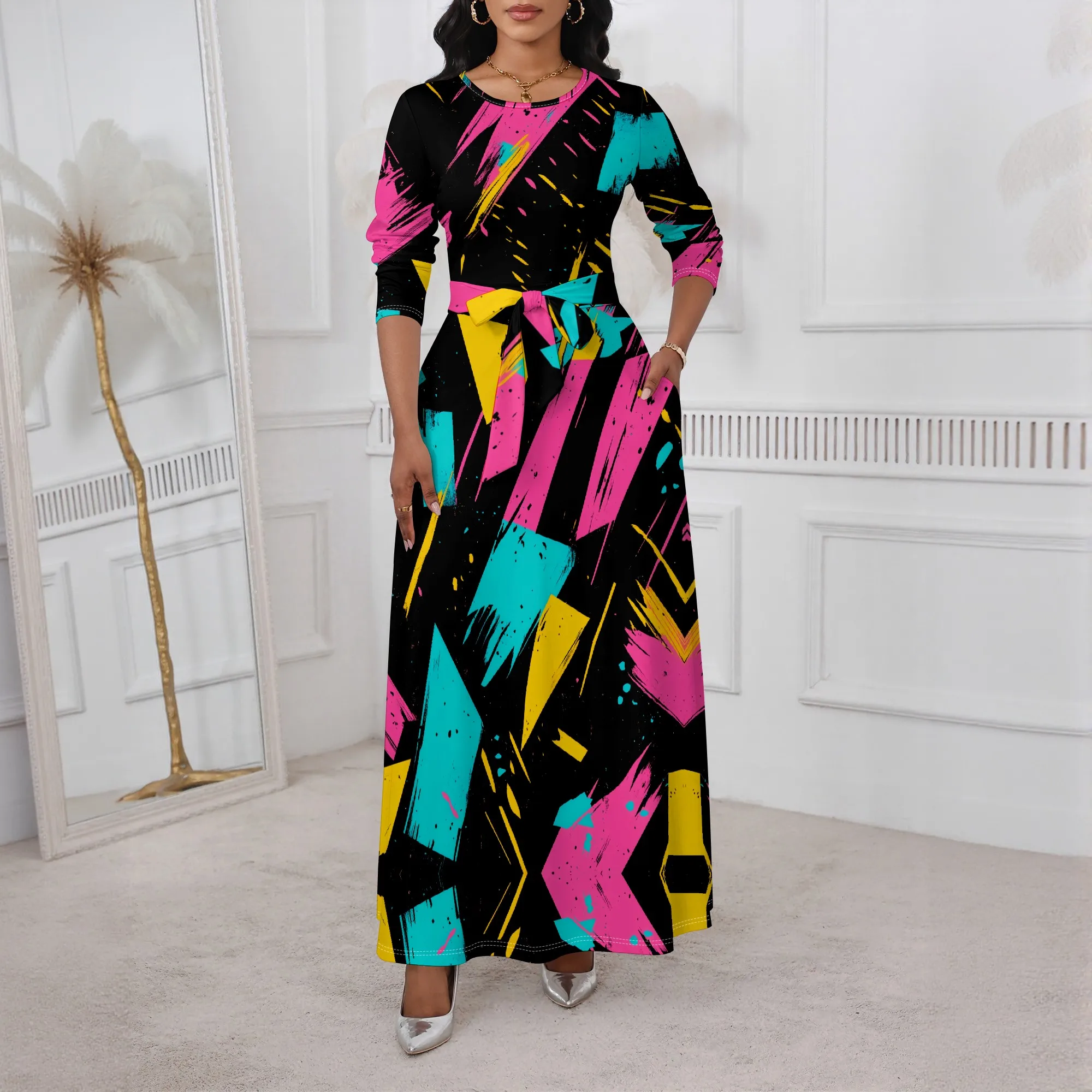 

Neon Graffiti Maxi Dress XS-3XL Long Sleeve Belted Crew Neck Style for Street Festival, Art Party or 80s Retro Night Look