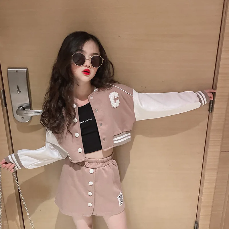 Teen Girls Baseball Jackets Spring Kids Patchwork Button Black Crop College Style Coats + Skirt 2 Pcs Set Varsity Bomber Jacket