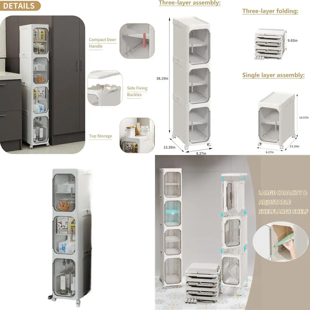 

3-Tier Tall Narrow Storage Cabinet, Slim Bathroom Storage Cabinet with Adjustable Shelves and Wheels, Narrow Organizer for Small