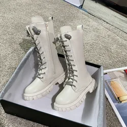 Fashion Long Boots for Girls Kids Rhinestone Princess Shoes Autumn New Warm Anti Slip Cotton Boots Lace Up Casual Children Shoes