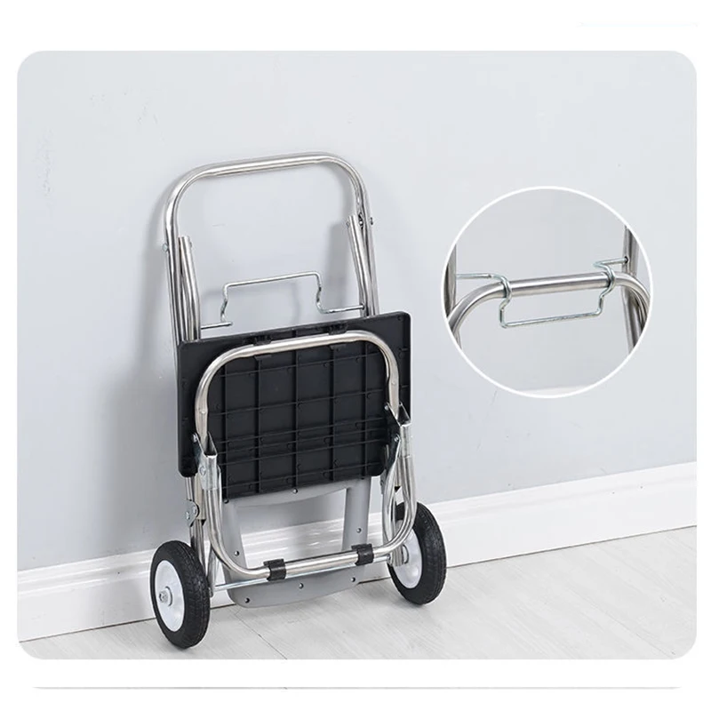 Folding Shopping Cart Free Installation Grocery Portable Stainless Steel Trolley Waterproof Fabric Storage Bag 13cm Wheels Cart