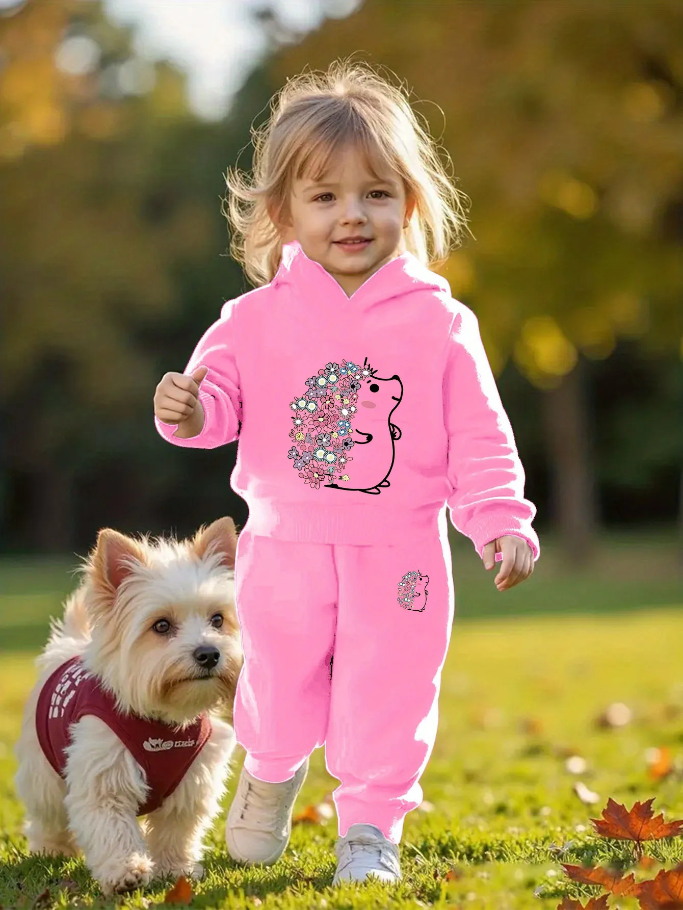 Baby Girl Autumn Winter Fleece Hoodie Tracksuit Set, Floral Hedgehog Cartoon Print, Cute Casual Sporty Two-Piece Outfit