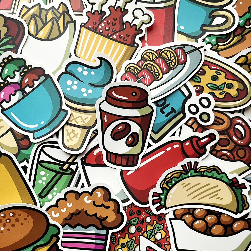 10/44Pcs Cute Food Burger Pizza Fries Hot Dog Gourmet Stickers Luggage Laptop Decorative Cartoon Food Stickers Delicacy Graffiti