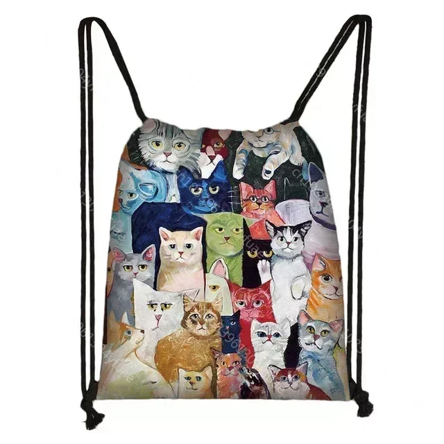 Girls Drawstring Bag Gym Pouch Bag 3D Printing Colored Cat Backpack Women Portable Shopping Fashion School Shoe Bag For Girl