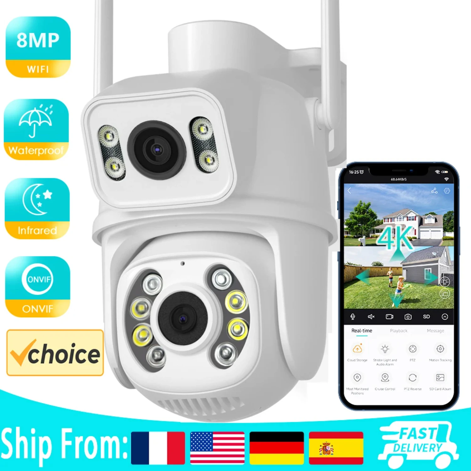 

8MP 4K PTZ Wifi Camera with Dual Lens Dual Screens AI Human Detection Wireless Outdoor CCTV Security IP Camera ICSEE App