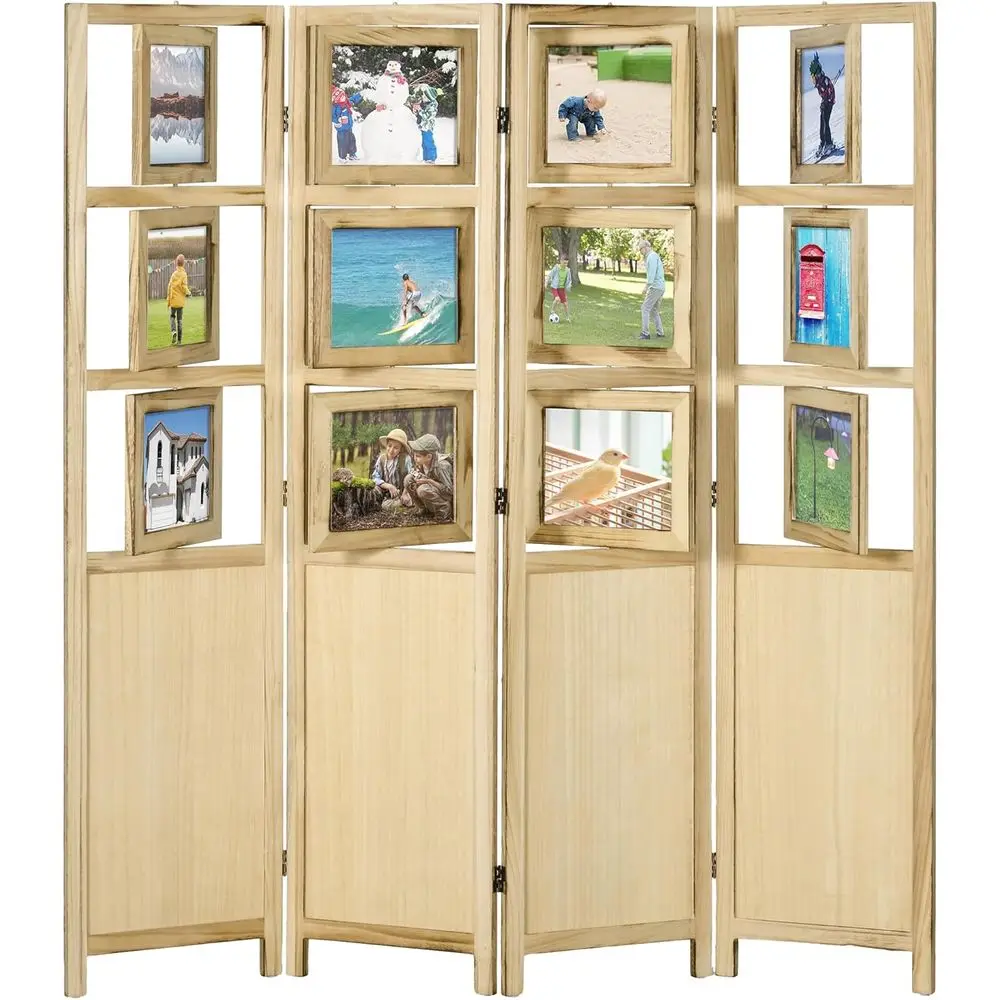 

Portable 4-Panel Wooden Room Divider with Photo and Cardstock Holders, Natural Finish for Home or Office Privacy