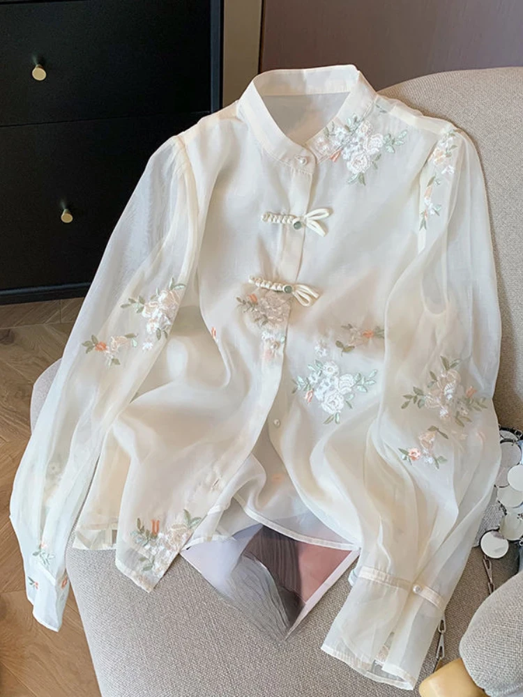 Chinese Styl Blouses Stand Neck Long Sleeve Flower Embroidery Single Breasted Shirts for Women Fashion Vintage Spring Clothing