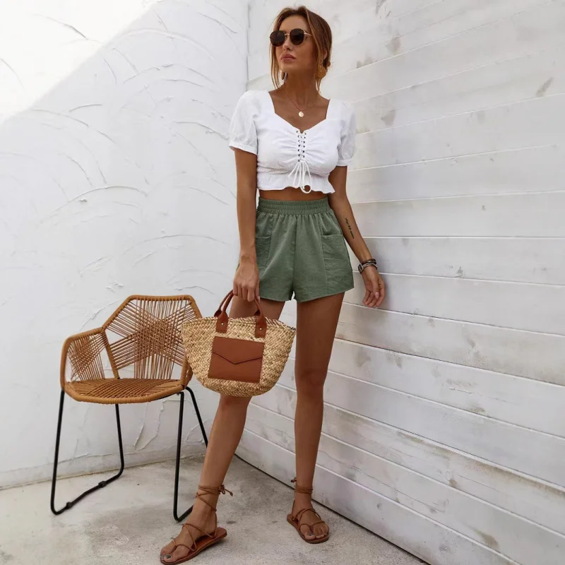 

2025New Trendy Women's Shorts Fashion Fashion Elastic High WaistaWide Leg Pocket Sports Casual Cotton Linen