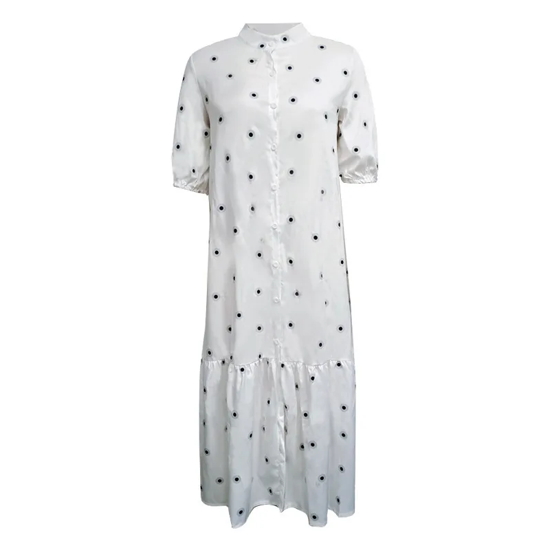 Summer Womens Casual Polka Dot Printed Stand Collar Mid-sleeved Shirt Dress For Womens Outdoor Beach Vacation Style A-line Dress