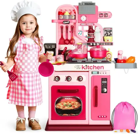 Ensemble de jeu de cuisine pour enfants, ensemble de cuisine pour tout-petits de 1 à 3 ans, cuisinière, évier de jeu et accessoires de cuisine, cuisine jouet (rose)