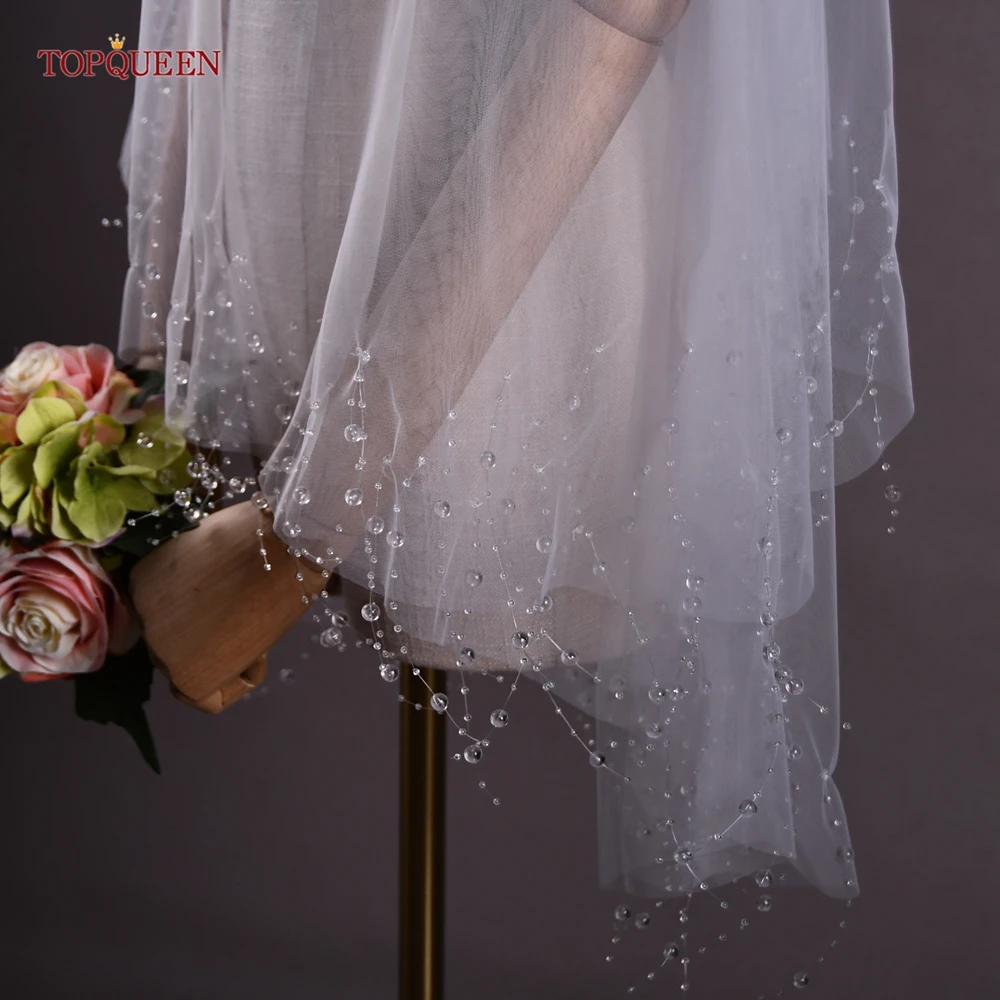 TOPQUEEN-velo de novia de lujo con borde de cadena de cuentas de cristal, colorete blanco de dos niveles, accesorios de boda de tul suave con peine V216