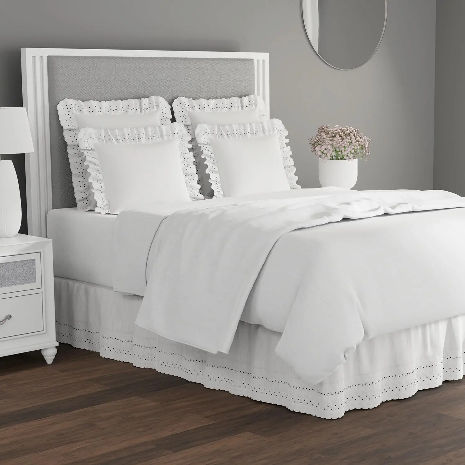 

Ideas Ruffled Eyelet Bed Skirt Dust Ruffle With Gathered Styling And Embroidered Details, 14"" Drop Length, King, White