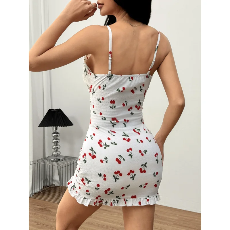 Robe moulante Sexy pour femmes, nouvelle collection printemps été 2005, mini robe à bretelles imprimée cerise