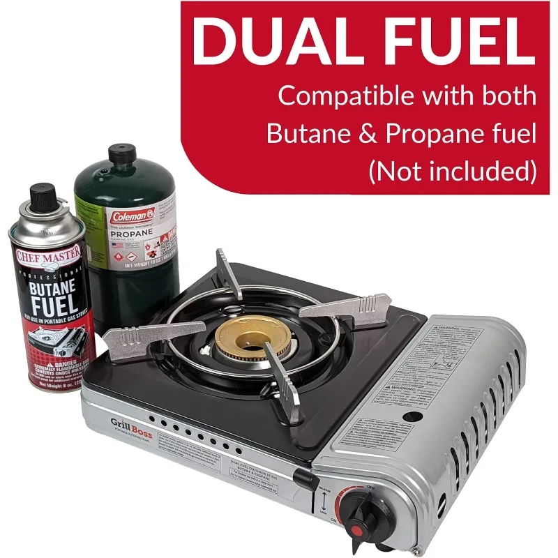 Grill Boss Dual Fuel Portable Stove 12K BTU Camp Stove, Butane & Propane Portable Camping Stove Portable Stove Dual Fuel Butane