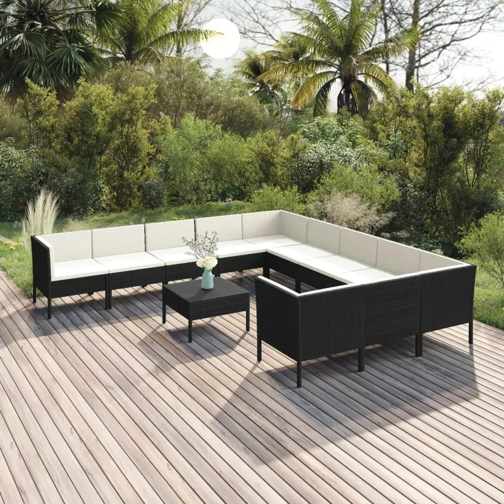 12-Piece Black Poly Rattan Patio Lounge Set with Cushions - Outdoor Furniture Collection