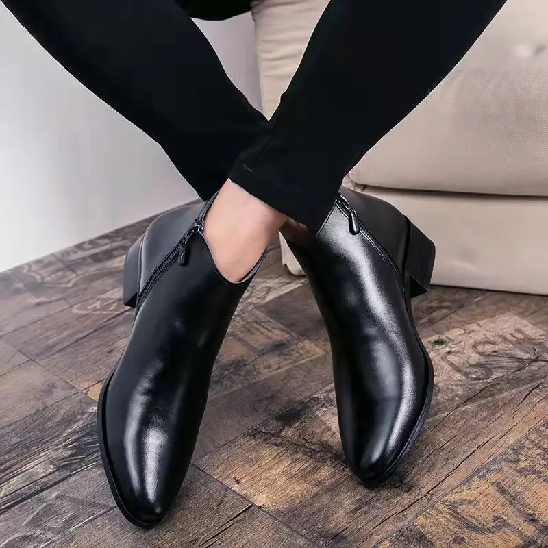 Men's Boots Fashion Pointed Leather Boots British Style Business Dress Boots Men's High-top Leather Booties Botas Para Hombre