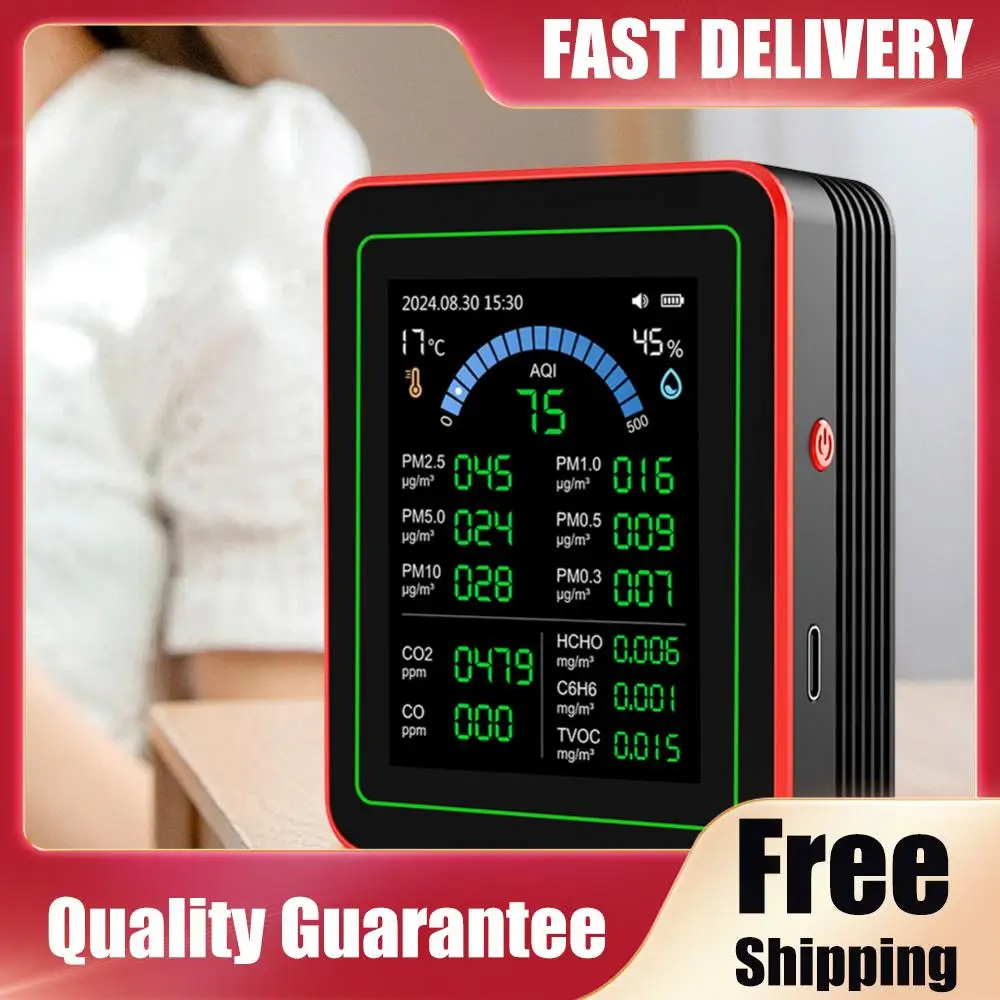 

Портативный измеритель качества воздуха 18 в 1: определение 6 показателей (AQI, HCHO, PM2.5, PM10, CO2), TFT-дисплей. Измеритель качества воздуха для дома, автомобилей, растений и домашних животных.