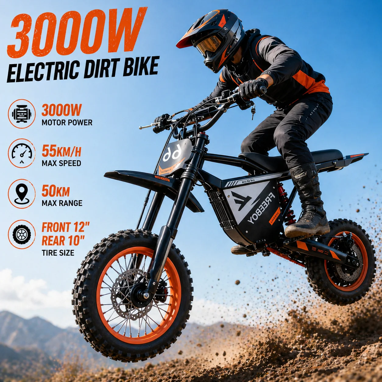 3000W Fast Electric Dirt Bike for Teens, 55 km/h, 48V 30Ah Battery, 12 ''/10'' Off-road Tires, Powerful Electric Motorcycle
