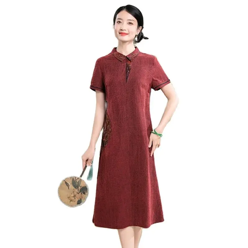 BirdTree-vestidos bordados de seda de morera para mujer, ropa de manga corta XiangYunSha, vestido Retro de mamá grande, verano 100%, D44438QC