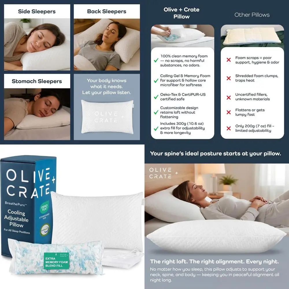 

Регулируемая охлаждающая подушка из пены с эффектом памяти с дышащим бамбуковым чехлом для сна на боку - размер Queen