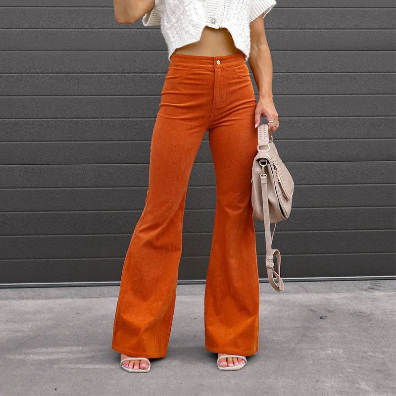 

2025 Womens Corduroy Pants Straight Leg High Waist Slim Fit Stretch Casual Trousers Classic Solid Color Spring Autumn