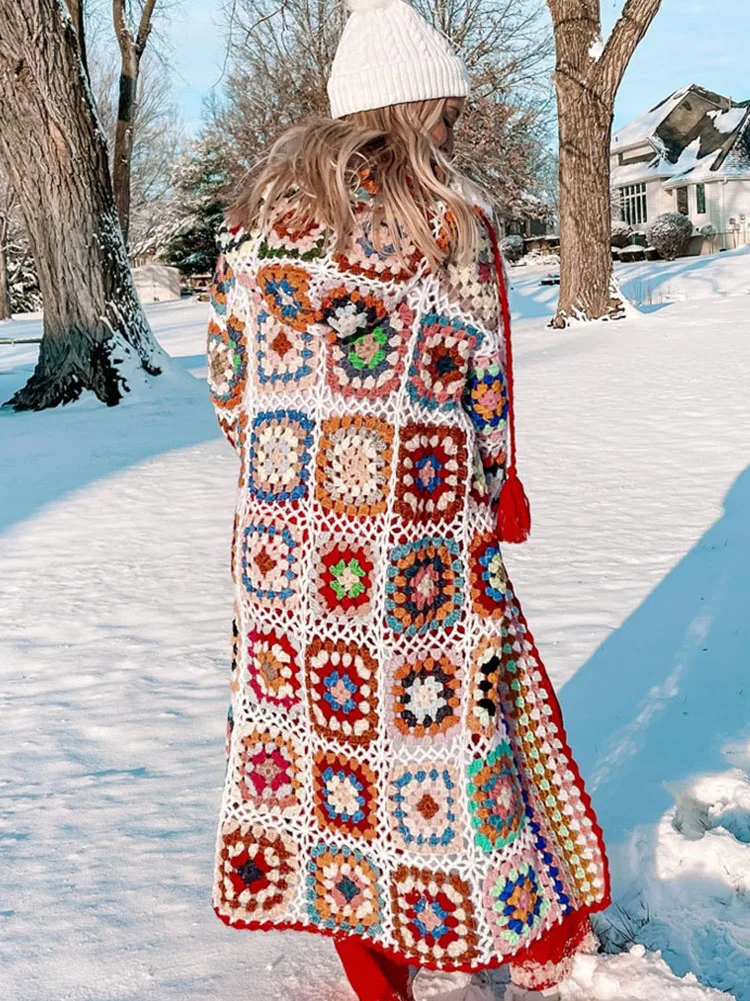 GypsyLady Vintage Handmade Kintted Sweater Cardigan Multicolor Crochet Hooded  Women Winter Cardigan Long Sweater Outerwear Coat