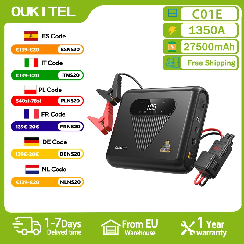 Arrancador de Coches OUKITEL C01, Corriente Máxima de 1350A, Batería de Alta Capacidad de 27500mAh con Iones de Sodio… — oferta en AliExpress