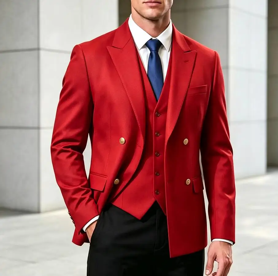 New Men's Double Breasted Suits 3 Piece Set Jacket Vest Pants Gold Buttons Formal Wedding Groom Prom Party Business Red Tuxedos