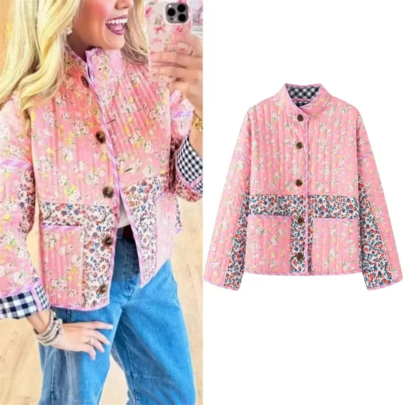 

Женское пальто 2025, зимнее новое стильное розовое двустороннее лоскутное пальто с длинными рукавами и цветочным принтом, свободная теплая куртка, повседневная модная универсальная куртка