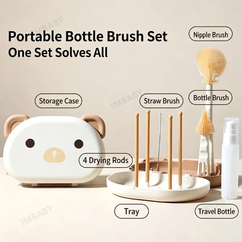 Picture 4: IMBABY Portable Baby Bottle Brush Set, 6-in-1 Silicone Cleaning Kit with Draining rack, Foldable Travel Storage Case for Newborn
