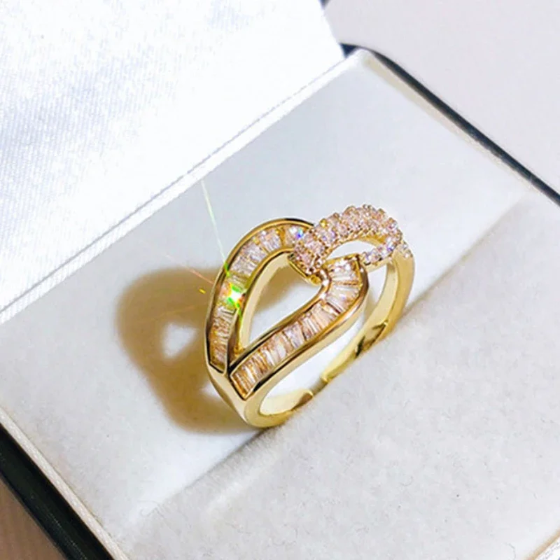 2023 New Korean Fashion Cubic Zirconia Temperament Golden Ring For Women Opening Adjustable Knuckle Ring Bridal Jewelry Gift