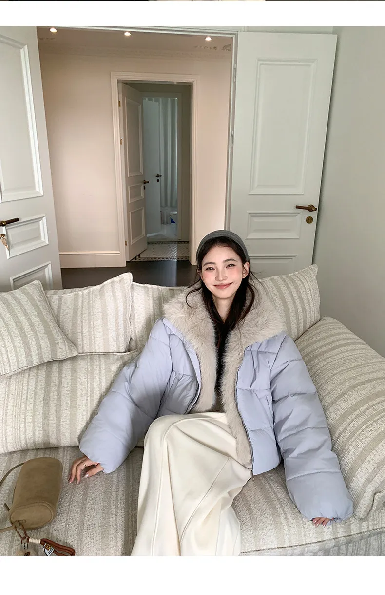 Korean Women's Short Puffer Jacket with Large Fur Collar Women Loose Thick Padded Cotton Coats Female Solid Casual Zipper Parkas