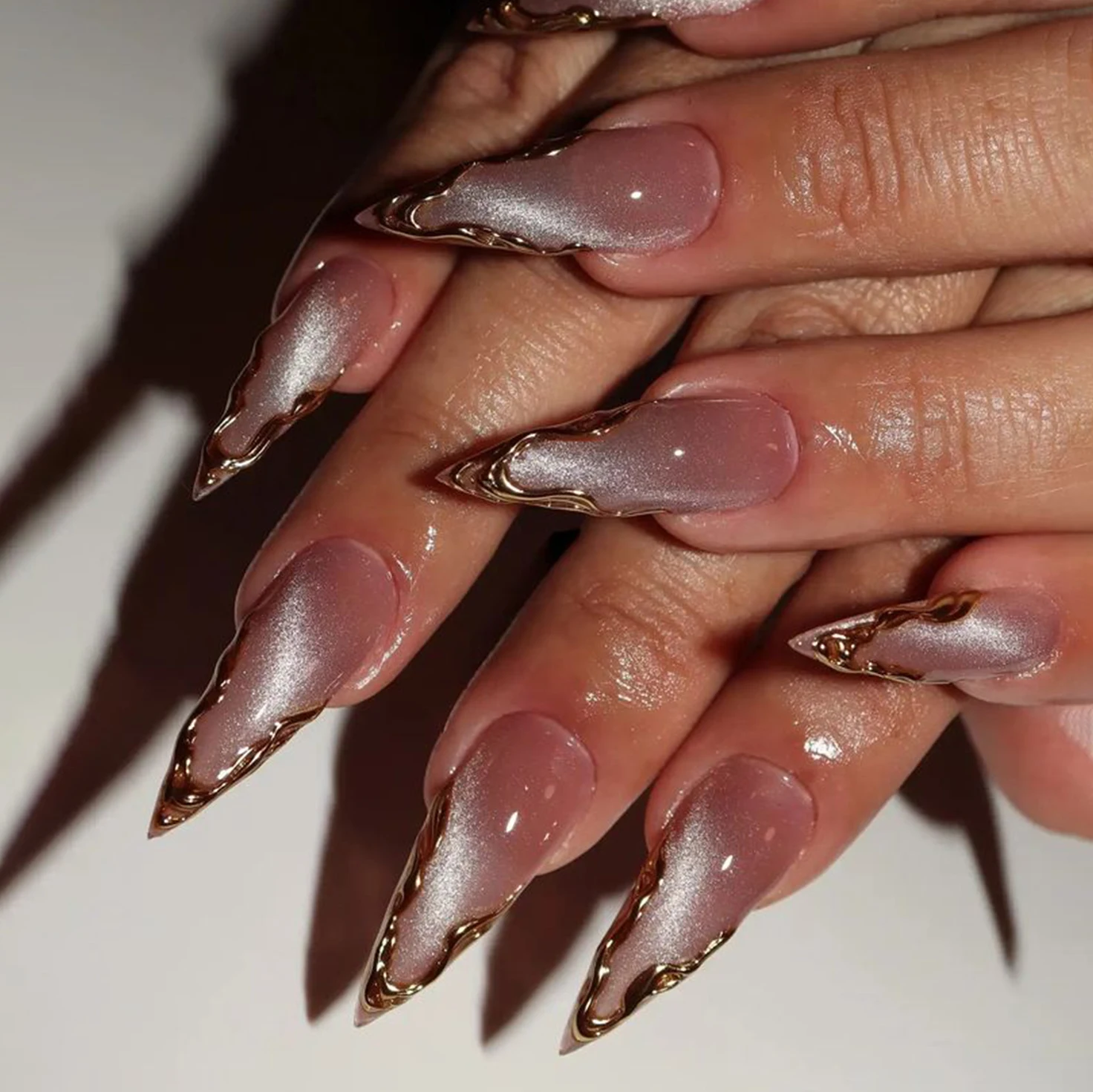 24 Handmade Stiletto Press-On Nails. Sheer Nude Pink Cat-Eye Base with 3D Gold Wavy Trim. Reusable, Luxury Glam Style for Party