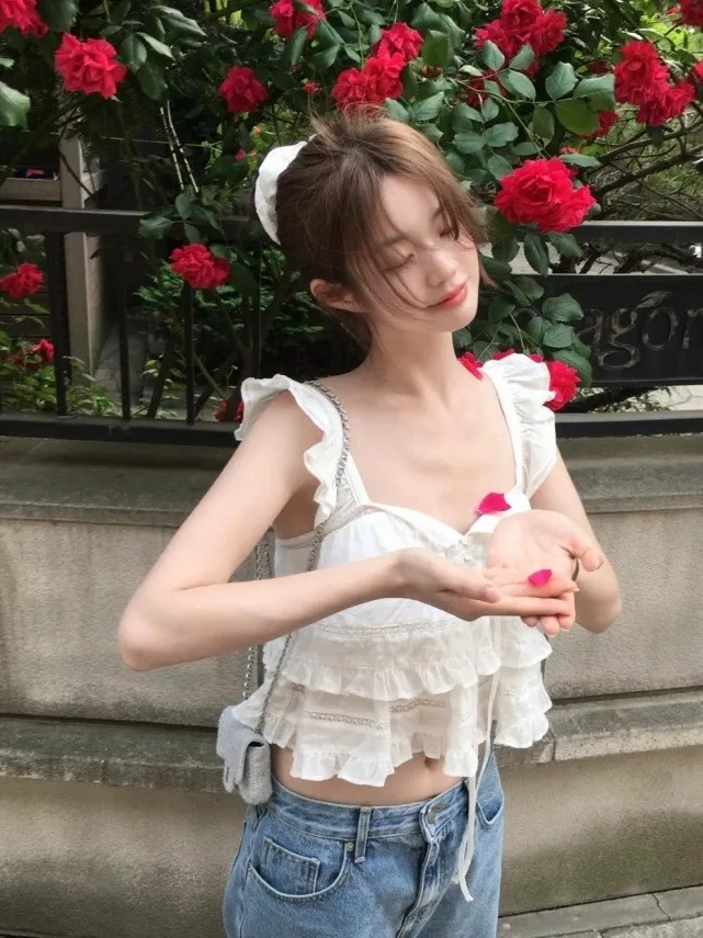 

Sweet And Spicy Art Student Summer 2026 Artistic Pure Desire Fly Sleeve Hem Lace Trim Belted Strap Vest Short Regular Cotton
