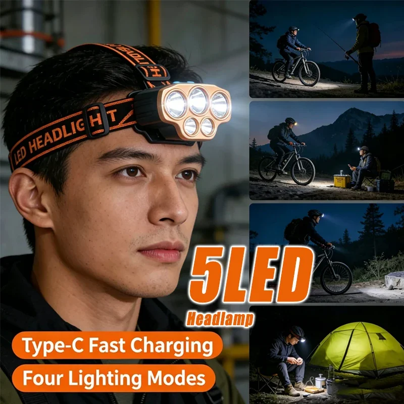 1-5PCS LED Powerful Rechargeable Head Flashlight for Fishing Led Headlamp Camping Headlights Hunting Torch Hiking Front Lanterns