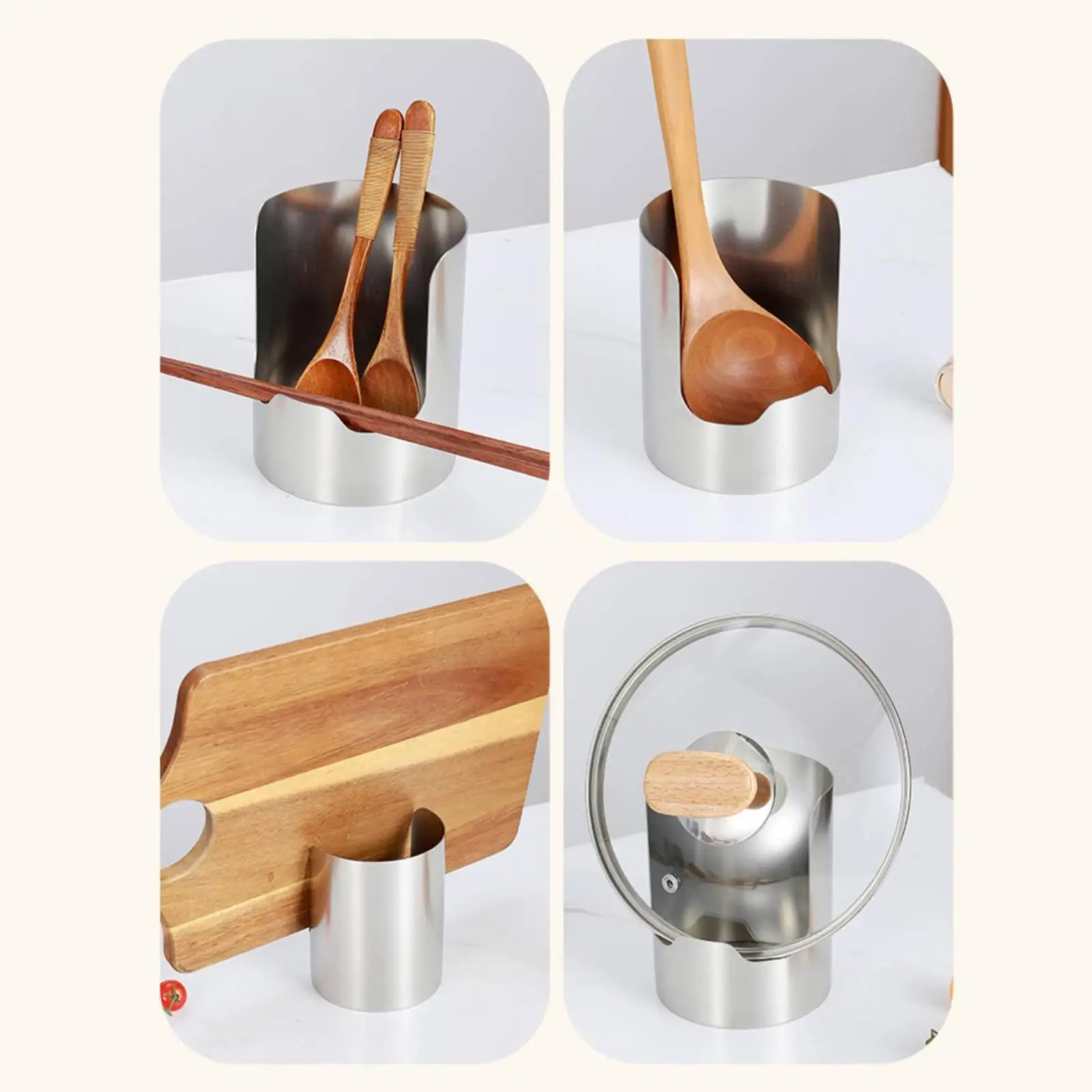Utensil Holder with Lid Rest Notches Easy to Clean Stainless Steel Utensil Holder Countertop Organizer Compact Space-Saving