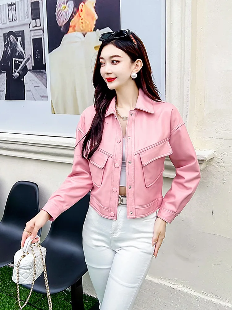 

2023Autumn Women Short Loose Fit Sheepskin Genuine Leather Jacket Pockets Lapel Collar Single Breasted Casual Moto Biker Coat