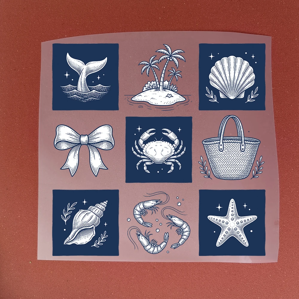 Blue Coastal Beach Seashell Crab Starfish Heat Transfer Sticker For Clothes DIY A-Level Washable Shirt Iron-on Thermal Decals