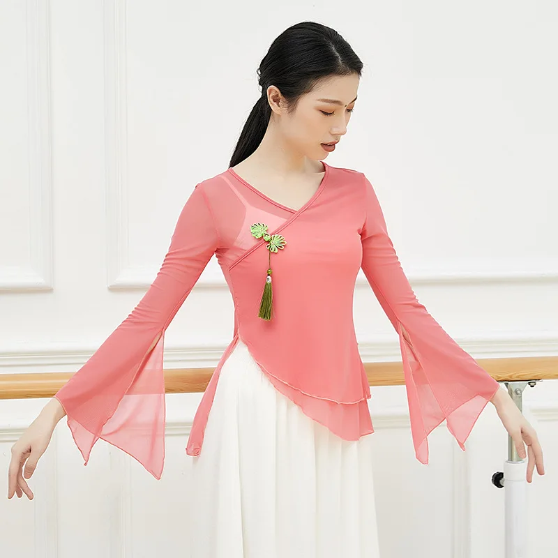 

Classical Dance Practice Top Women Chiffon Ethnic Dance Sides Slit Flared Sleeves Top Chinese Knot Elegant Dance Costume