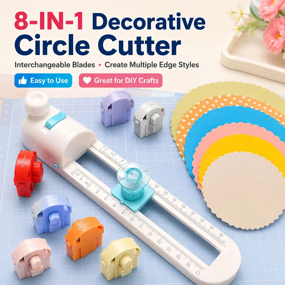 8-in-1 Adjustable 360° Decorative Circle Cutter with 7 Blades, 7-32cm ABS Craft Tool for Scrapbooking, Cards and Gift Tags