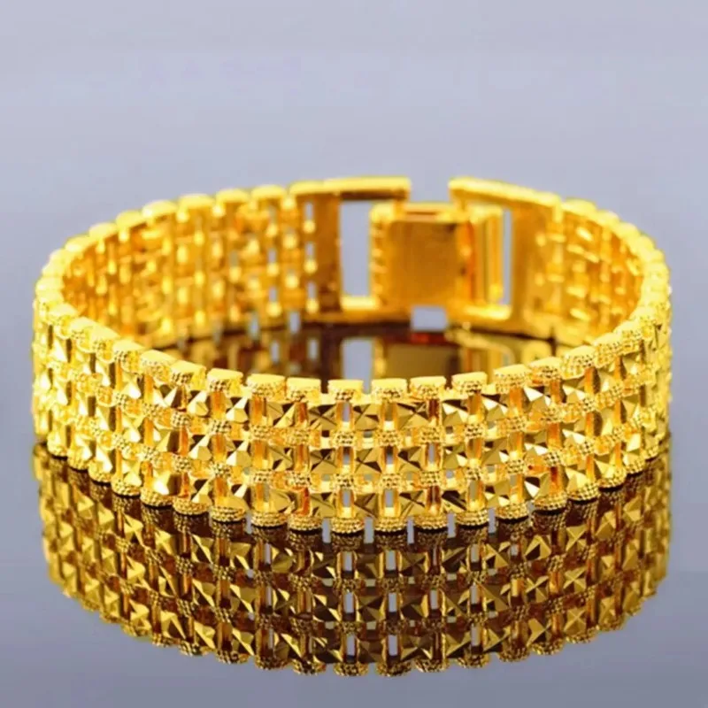 Pryna Jewelry   Luxury 24K 9999 Pure Gold real gold Three-row watch chain men's fashion generous bracelet