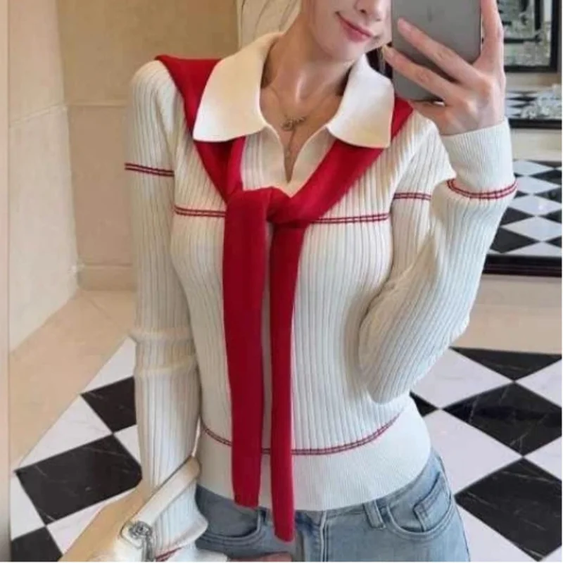 

Women's Korean Style Polo Neck Long Sleeve Knitwear Spring Autumn New Slim Fit Versatile Sweater Shawl Two Piece Set