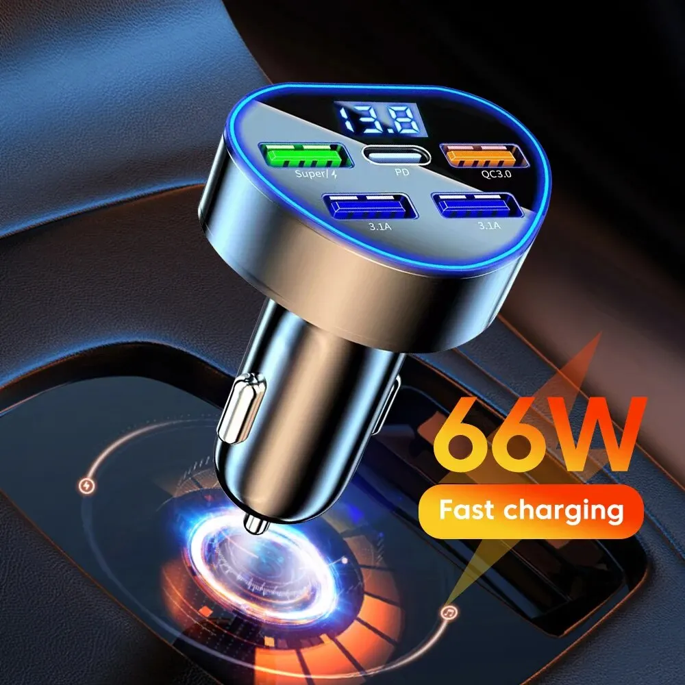 66W Car Charger PD QC3.0 Fast Charging Adapter With 5 Ports for iPhone Samsung Xiaomi USB Type C Cigarette Lighter Charger