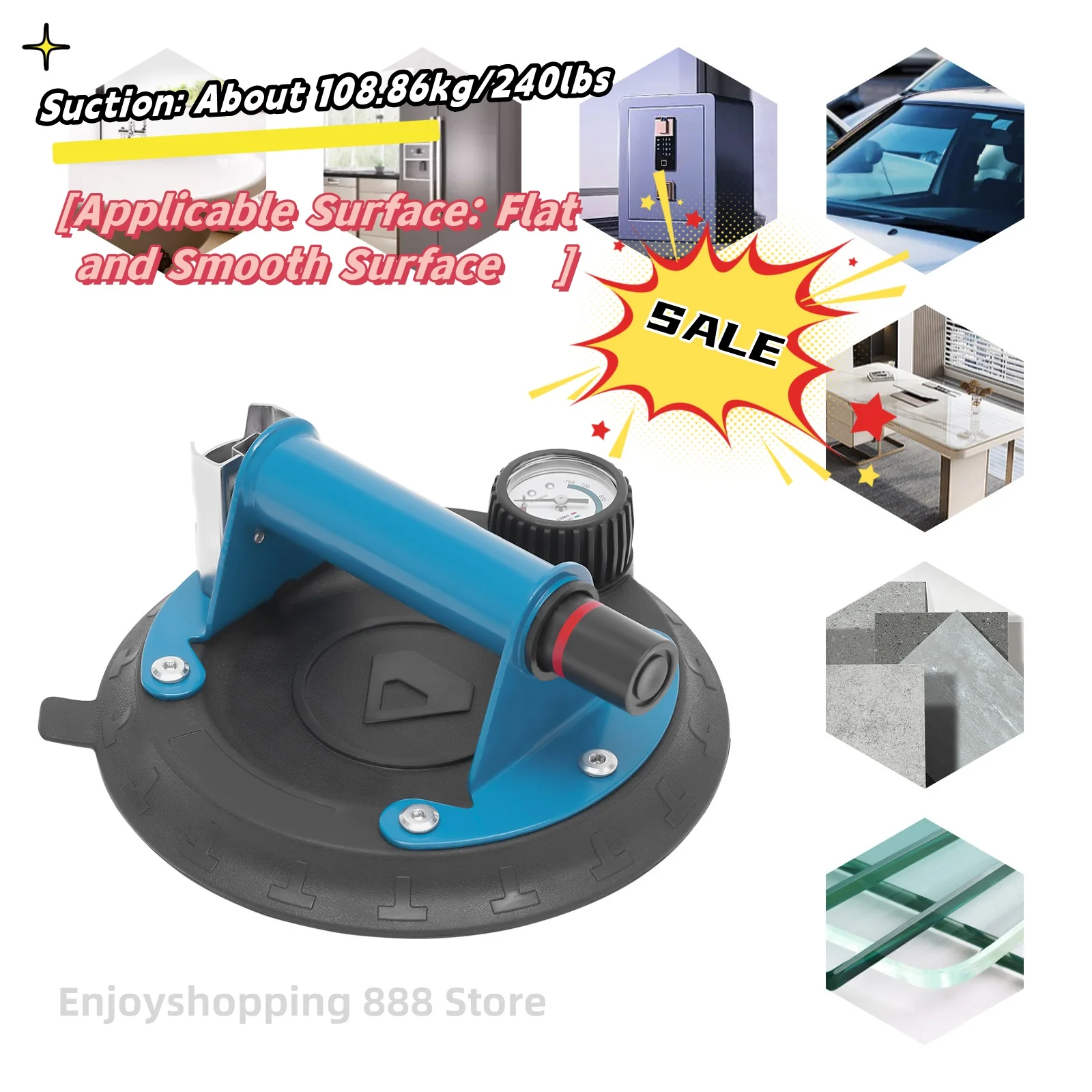 

8" Vacuum Suction Cup Heavy Duty Glass Granite Lifting Lifter Sucker with Handle and Pump 240lbs Load