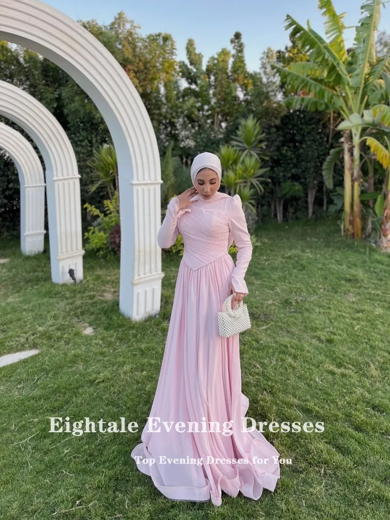 Eightale アラビア語イブニングドレス O ネックカスタマイズされた A ラインライトピンクシフォンイスラム教徒長袖プロムウェディングパーティードレス