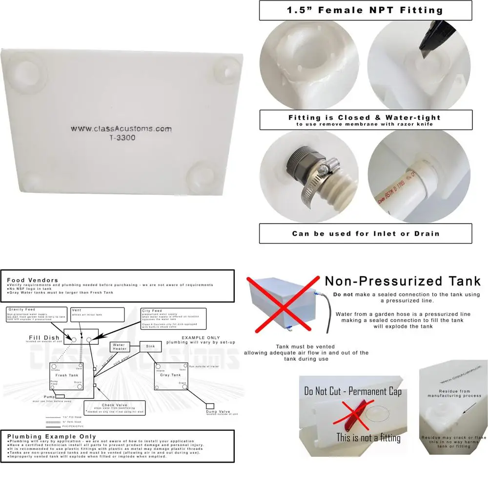 Sistem Air RV Kelas A: Tangki Air Segar & Abu-abu 33 Galon T-3300
