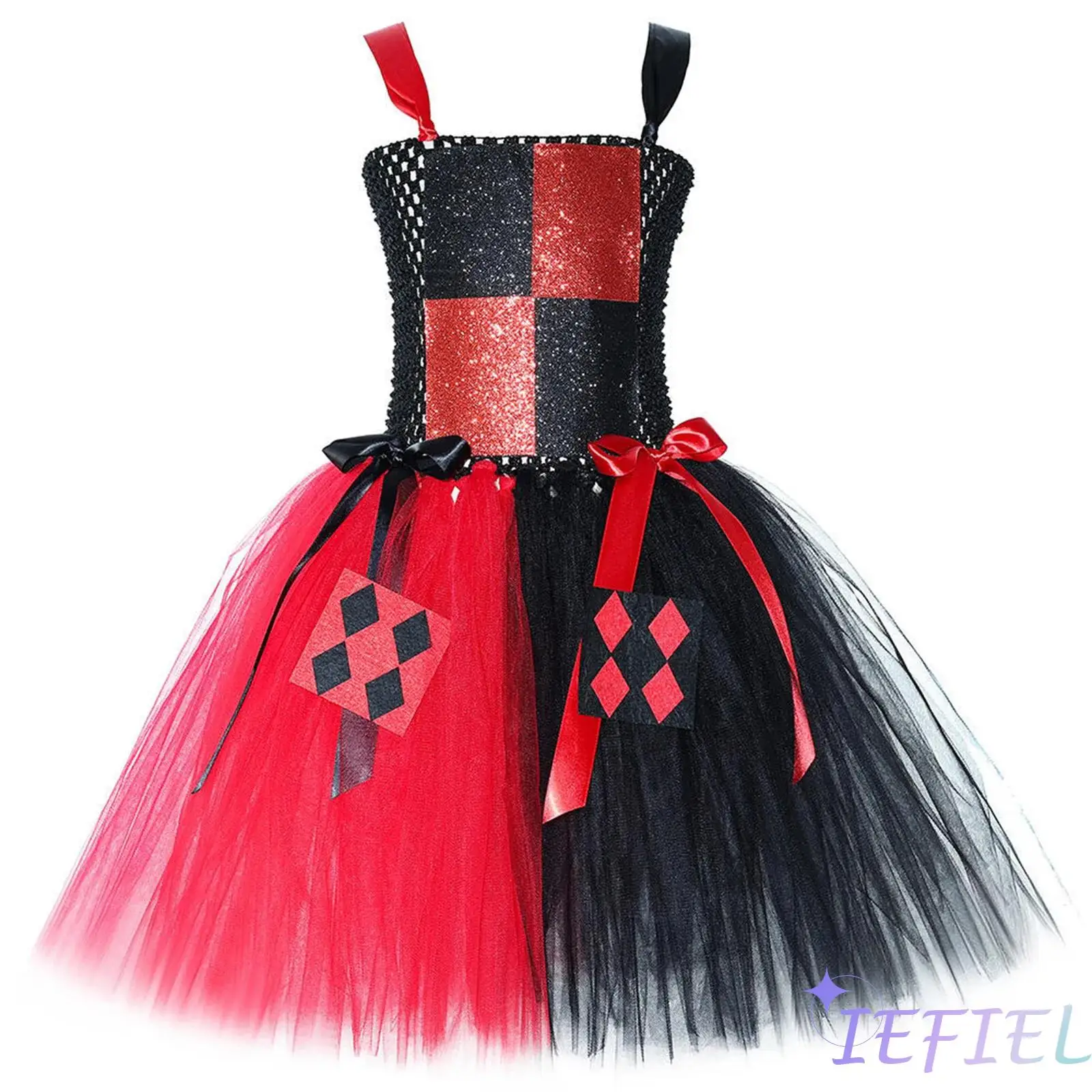 

Girls Clown 6pcsCostume Puff Sleeve Dress And Hair Hoop Eyes Mask Neckwear Handwear And Socks Accessories for Role Play Party