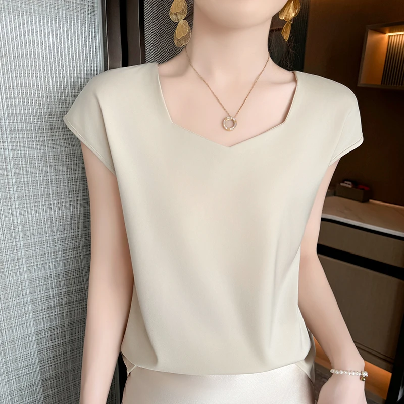 Summer New Satin Tank Top Women Side Collar Little Fly Sleeve Pullover Top Solid Color Fashion T-shirt Versatile Strap Tank Top