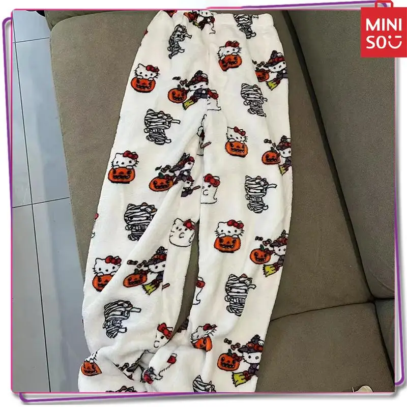 New 2024 Miniso Sanrio Hello Kitty Any Time Y2K Sleepwear Home Warmth Plush Pants Women\'s Winter Pants Christmas Gift